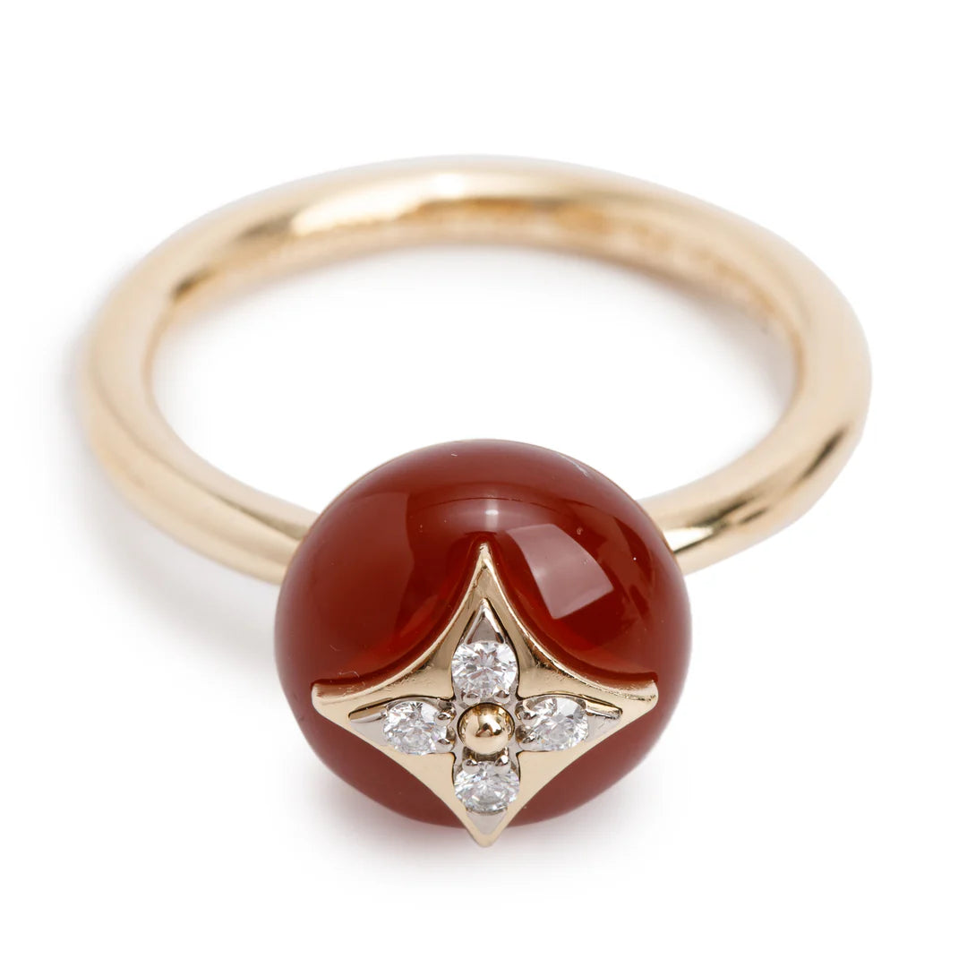 18k Yellow Gold Diamond &amp; Carnelian Color Blossom Ring, Size 54 6.75 w/ Box Coeur Cult Core