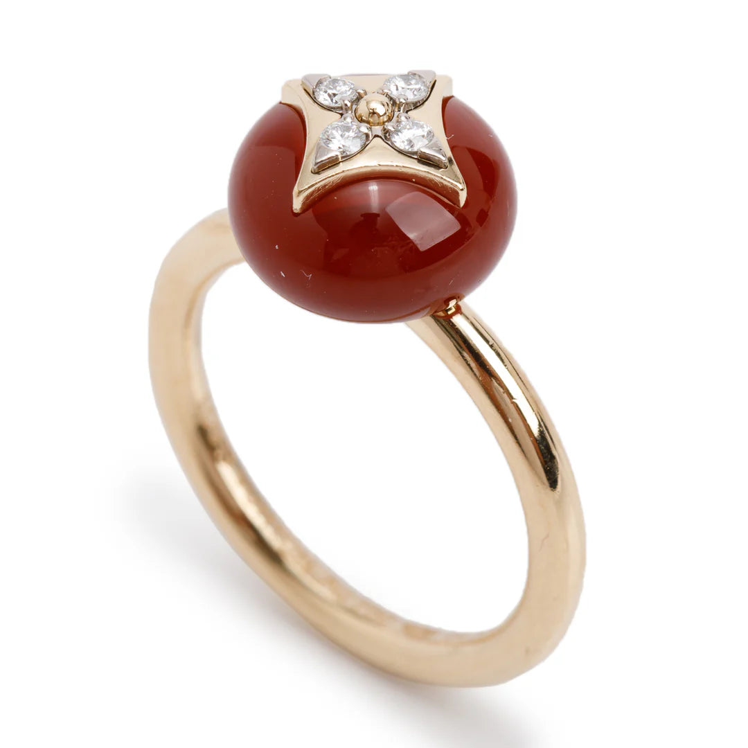 18k Yellow Gold Diamond &amp; Carnelian Color Blossom Ring, Size 54 6.75 w/ Box Coeur Cult Core