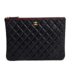 Black Quilted Lambskin Leather Medium O-Case Clutch w /Authenticity Card