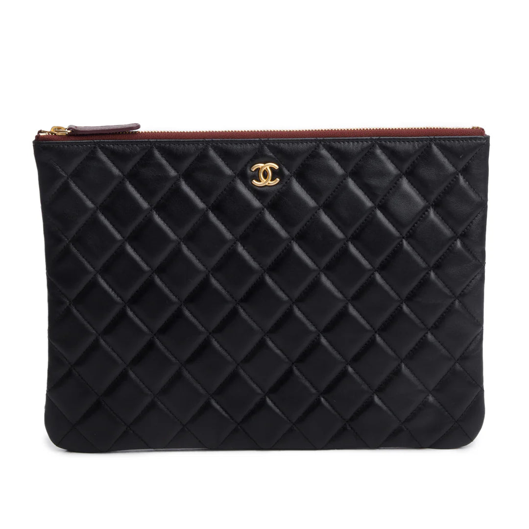 Black Quilted Lambskin Leather Medium O-Case Clutch w /Authenticity Card
