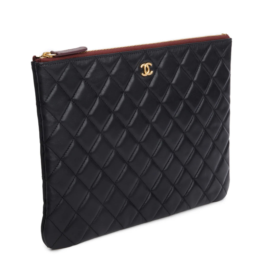 Black Quilted Lambskin Leather Medium O-Case Clutch w /Authenticity Card