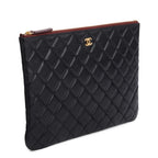 Black Quilted Lambskin Leather Medium O-Case Clutch w /Authenticity Card