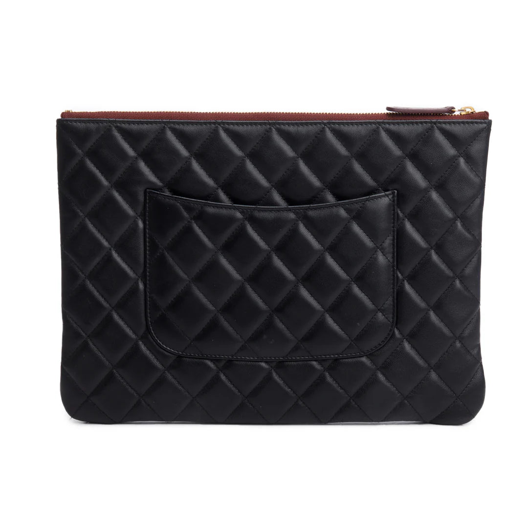 Black Quilted Lambskin Leather Medium O-Case Clutch w /Authenticity Card