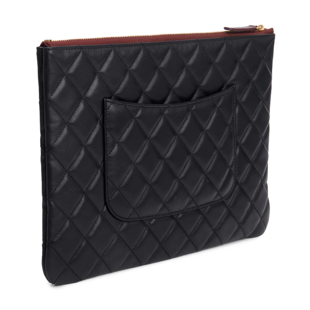 Black Quilted Lambskin Leather Medium O-Case Clutch w /Authenticity Card