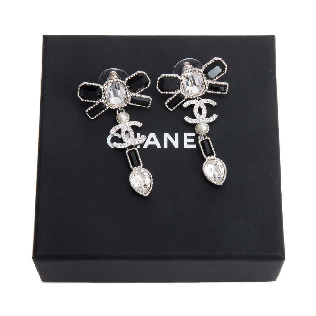 2023 Palladium-Plated Faux Pearl &amp; Strass CC Bow Drop Earrings w/ Box Coeur Cult Core