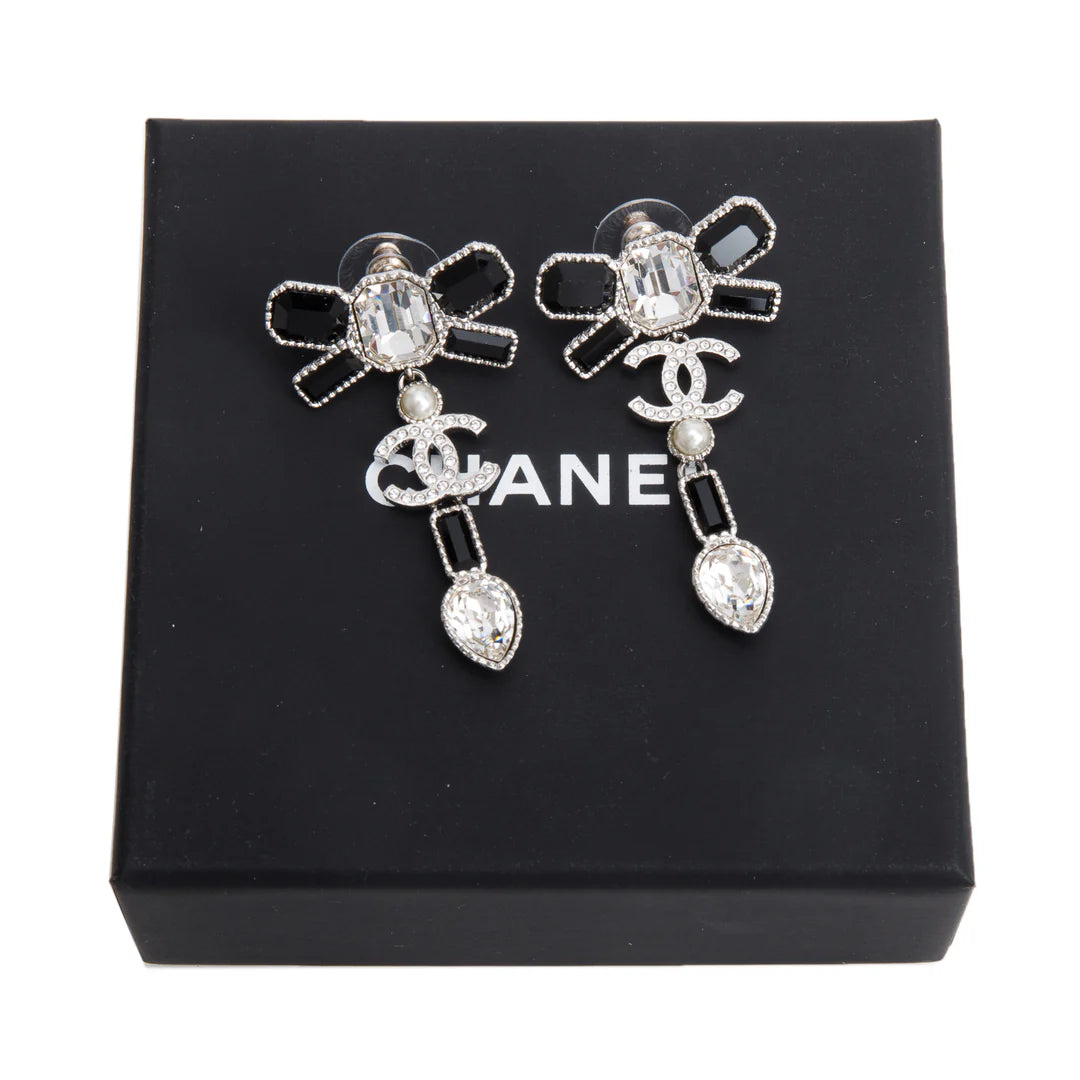 2023 Palladium-Plated Faux Pearl &amp; Strass CC Bow Drop Earrings w/ Box Coeur Cult Core