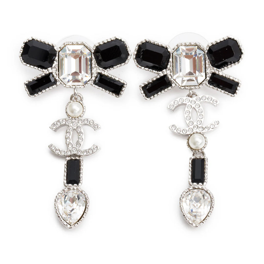 2023 Palladium-Plated Faux Pearl &amp; Strass CC Bow Drop Earrings w/ Box Coeur Cult Core
