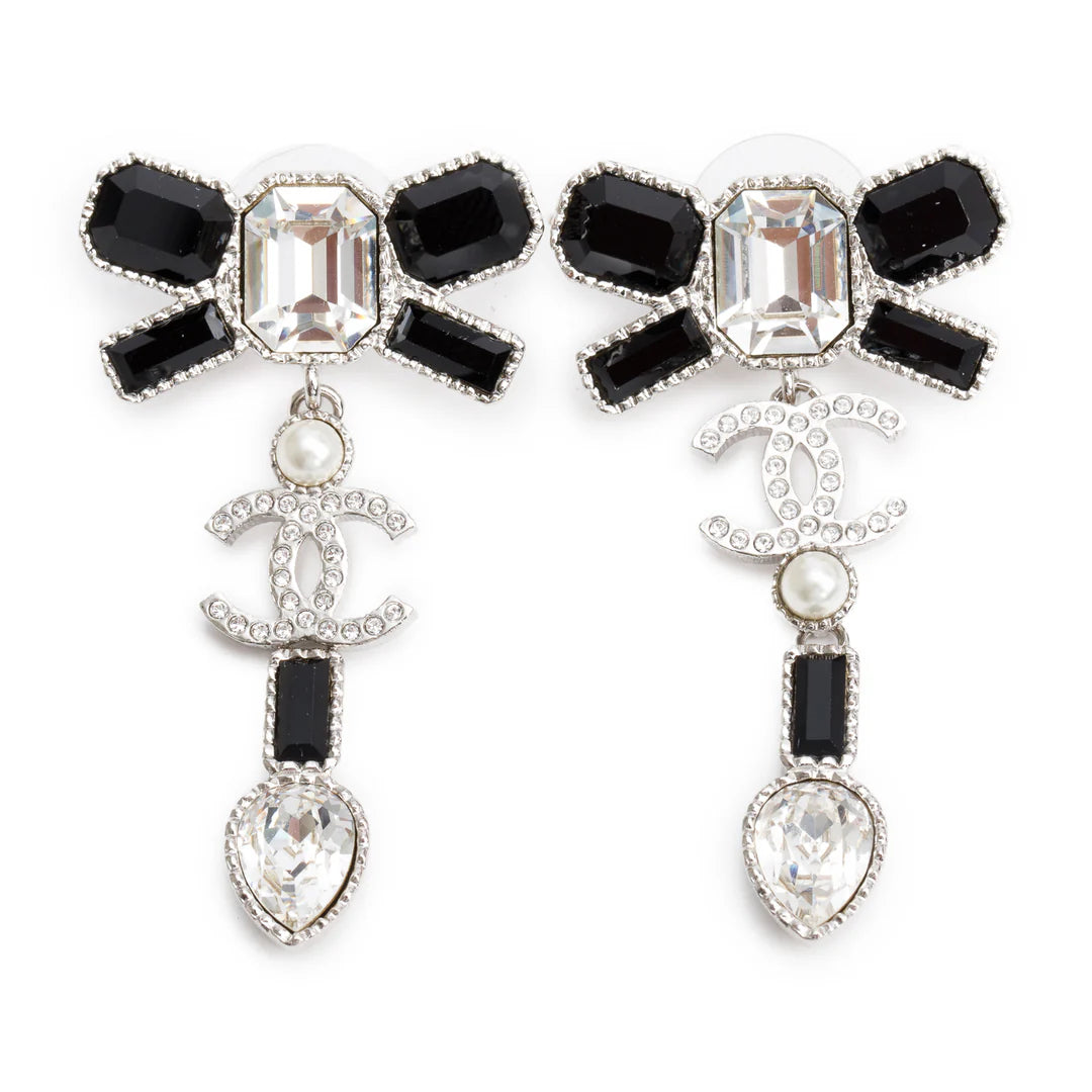 2023 Palladium-Plated Faux Pearl &amp; Strass CC Bow Drop Earrings w/ Box Coeur Cult Core
