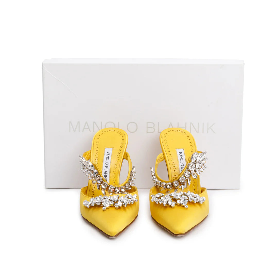 Yellow Satin Crystal Embellised Lurum Pumps, Size 36 w/ Box