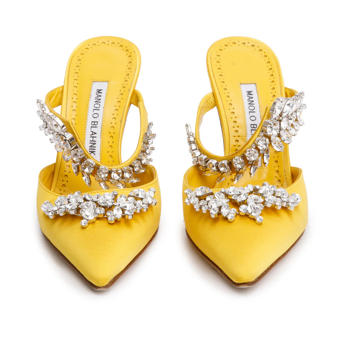 Yellow Satin Crystal Embellised Lurum Pumps, Size 36 w/ Box