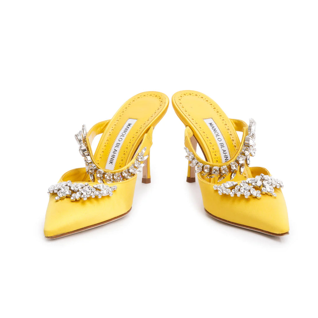 Yellow Satin Crystal Embellised Lurum Pumps, Size 36 w/ Box