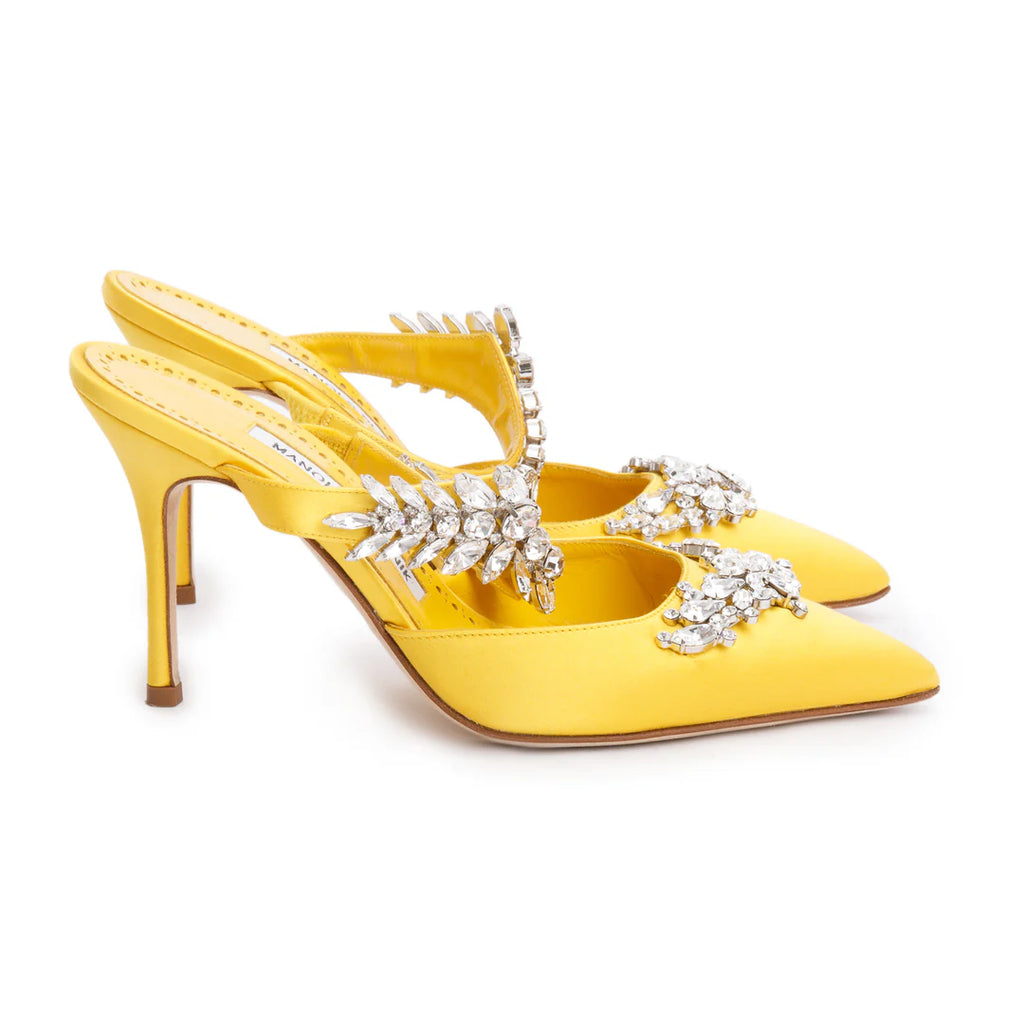 Yellow Satin Crystal Embellised Lurum Pumps, Size 36 w/ Box