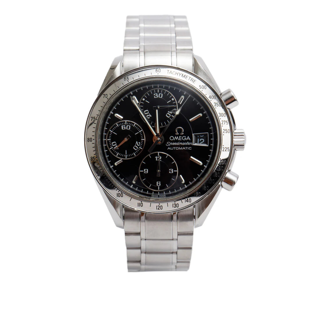 Stainless Steel Speedmaster Date 39 MM Automatic Chronograph Watch Black Dial w/ Papers