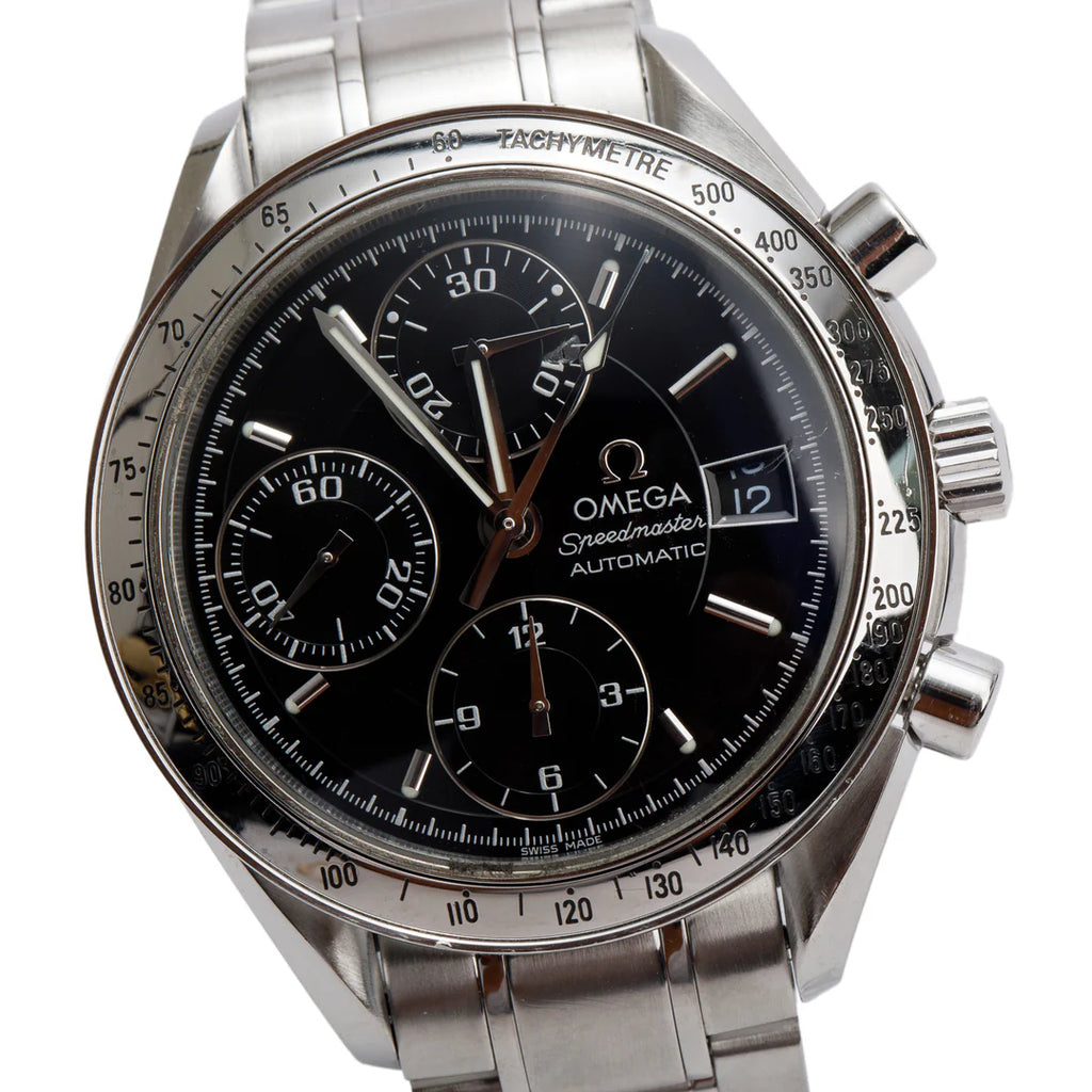 Stainless Steel Speedmaster Date 39 MM Automatic Chronograph Watch Black Dial w/ Papers
