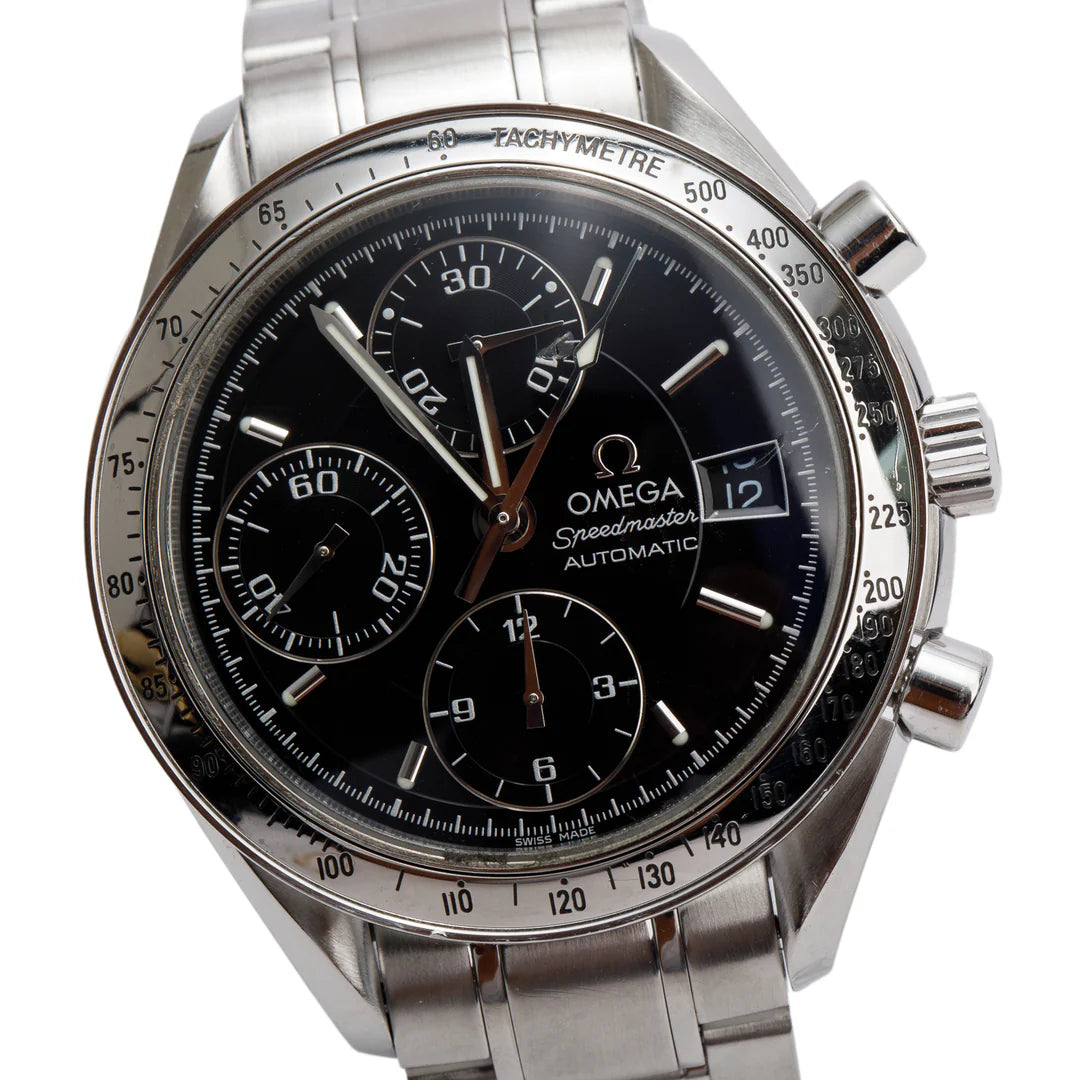 Stainless Steel Speedmaster Date 39 MM Automatic Chronograph Watch Black Dial w/ Papers