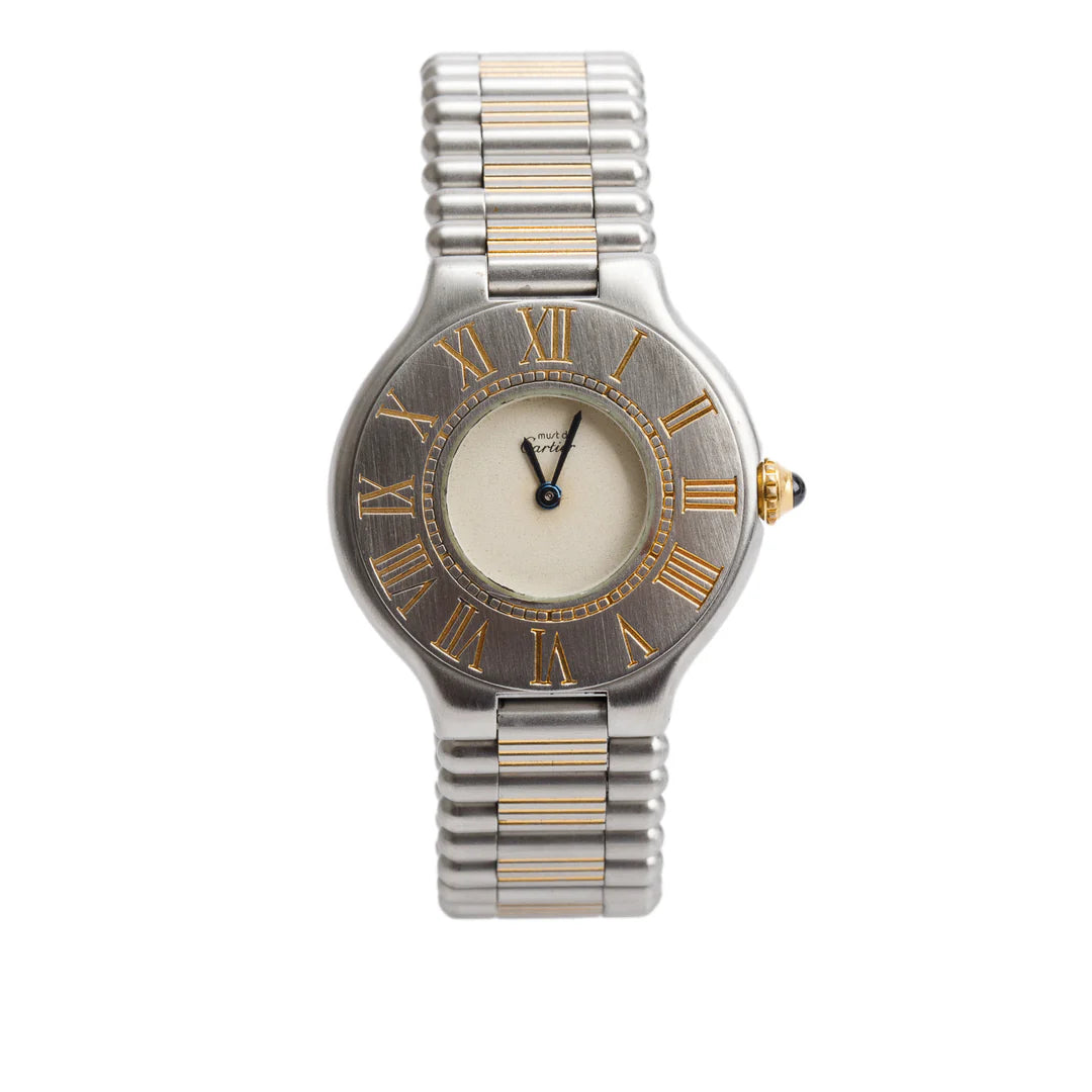 Stainless Steel &amp; 18k Yellow Gold Plated Must de 21 28 MM Watch 9010 w/ Case &amp; Papers Coeur Cult Core