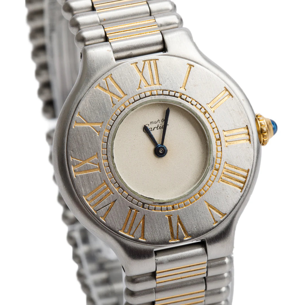 Stainless Steel &amp; 18k Yellow Gold Plated Must de 21 28 MM Watch 9010 w/ Case &amp; Papers Coeur Cult Core