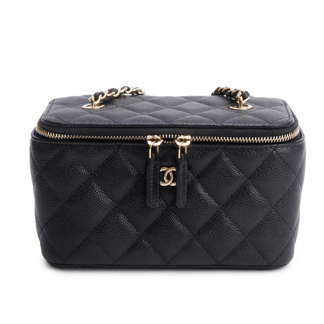 Black Caviar Quilted Small Vanity Case w/ Chain