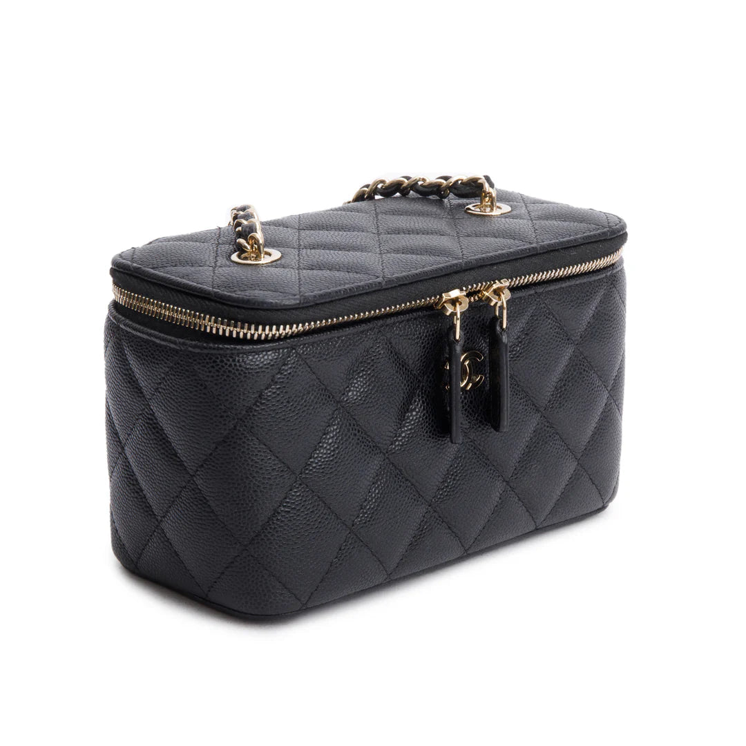 Black Caviar Quilted Small Vanity Case w/ Chain