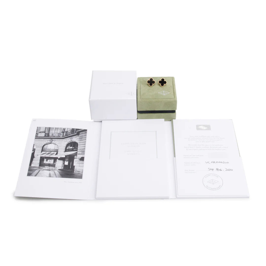 2024 18k Yellow Gold Vintage Alhambra Onyx Stud Earrings w/ Box &amp; Certificate Coeur Cult Core