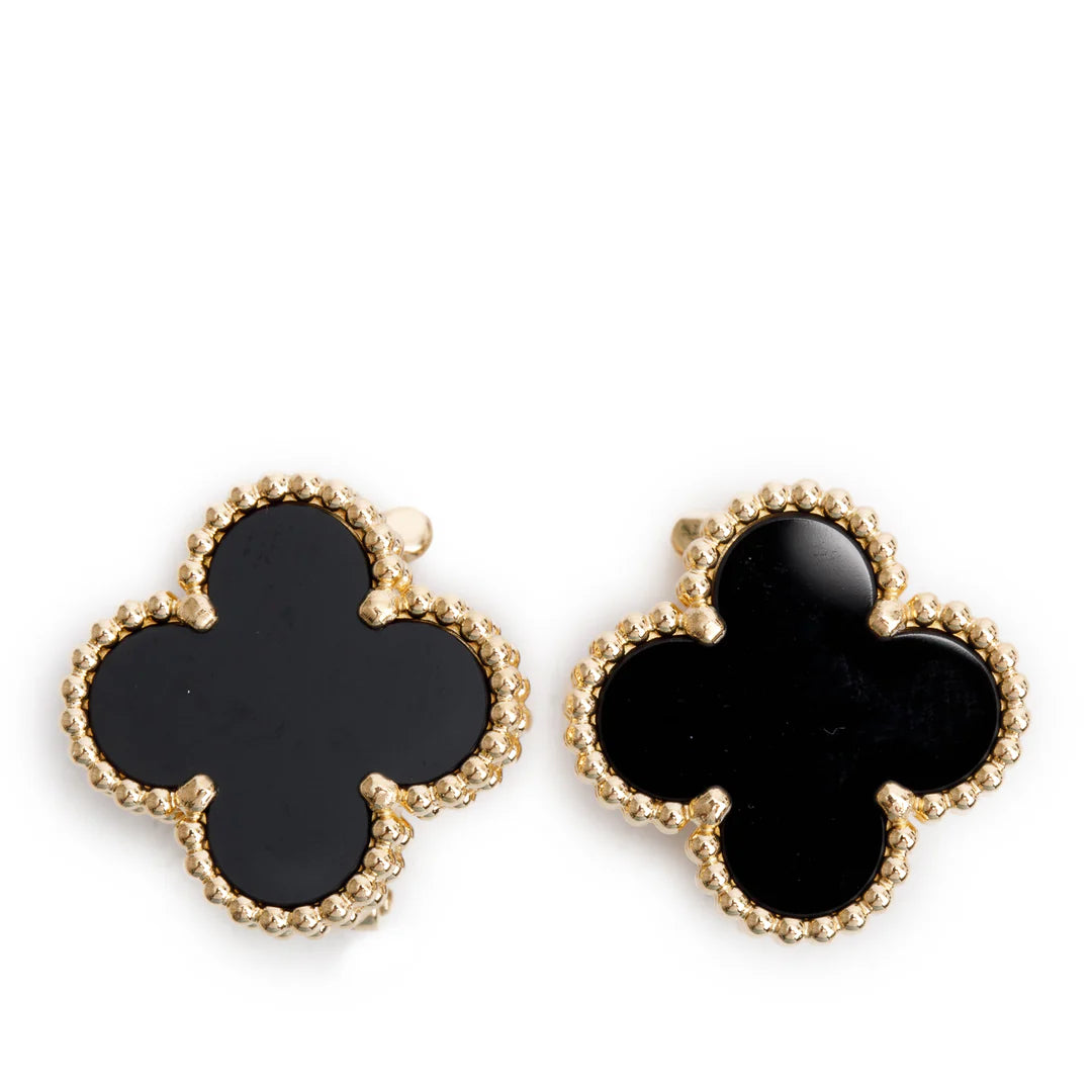 2024 18k Yellow Gold Vintage Alhambra Onyx Stud Earrings w/ Box &amp; Certificate Coeur Cult Core