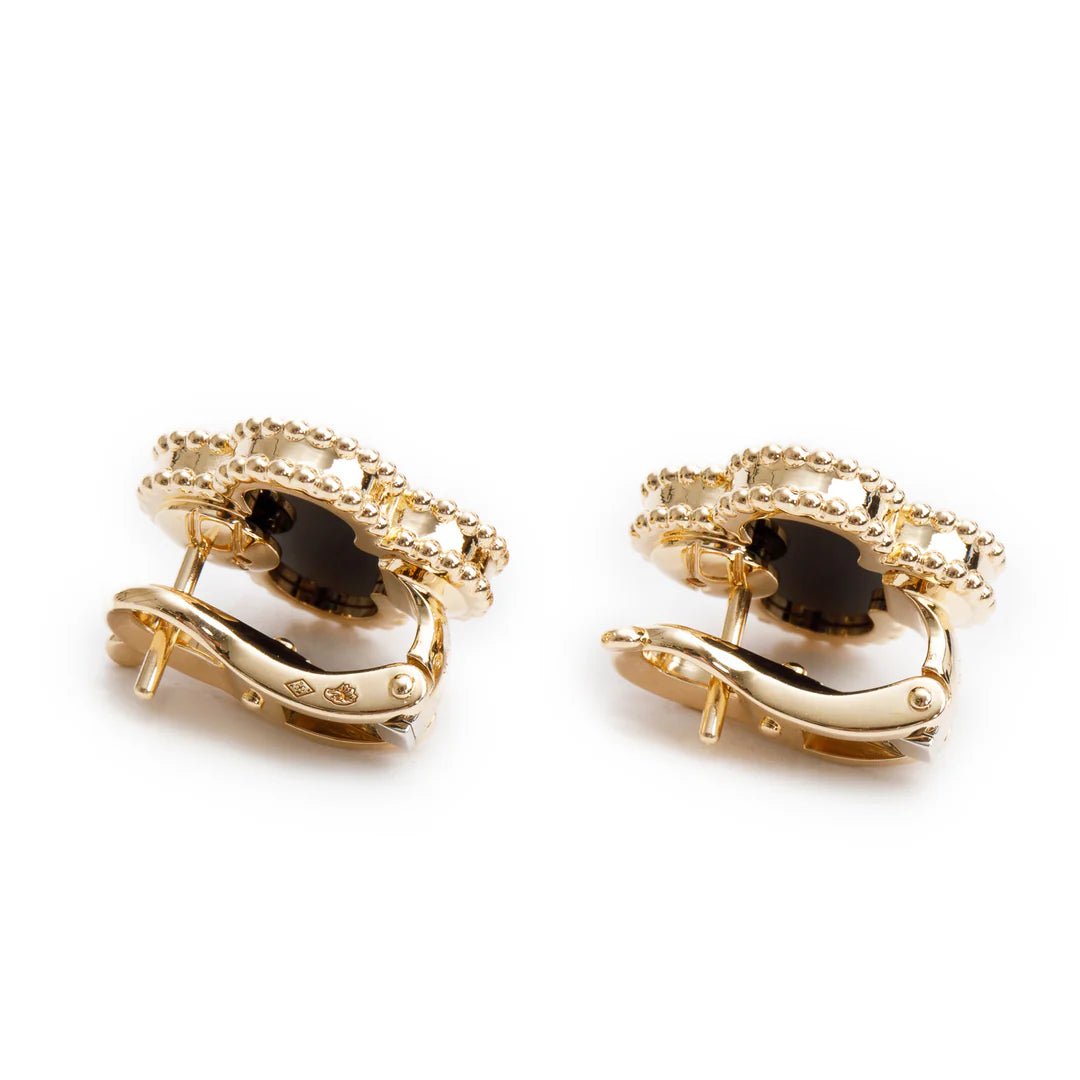 2024 18k Yellow Gold Vintage Alhambra Onyx Stud Earrings w/ Box &amp; Certificate Coeur Cult Core