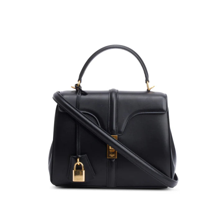 2023 Black Satinated Calfskin Small 16 Top Handle Bag w/ Strap