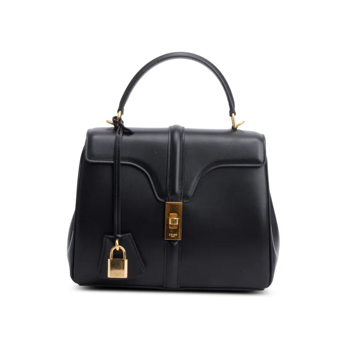 2023 Black Satinated Calfskin Small 16 Top Handle Bag w/ Strap