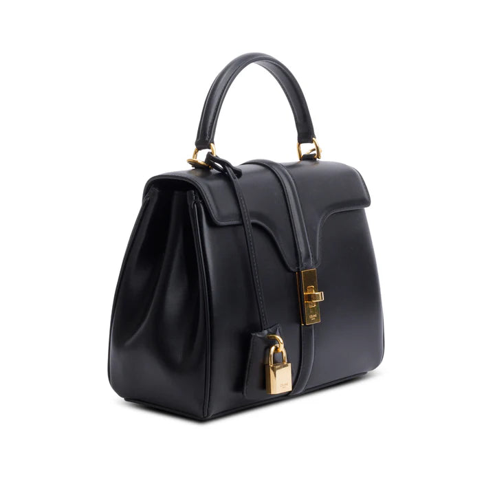 2023 Black Satinated Calfskin Small 16 Top Handle Bag w/ Strap