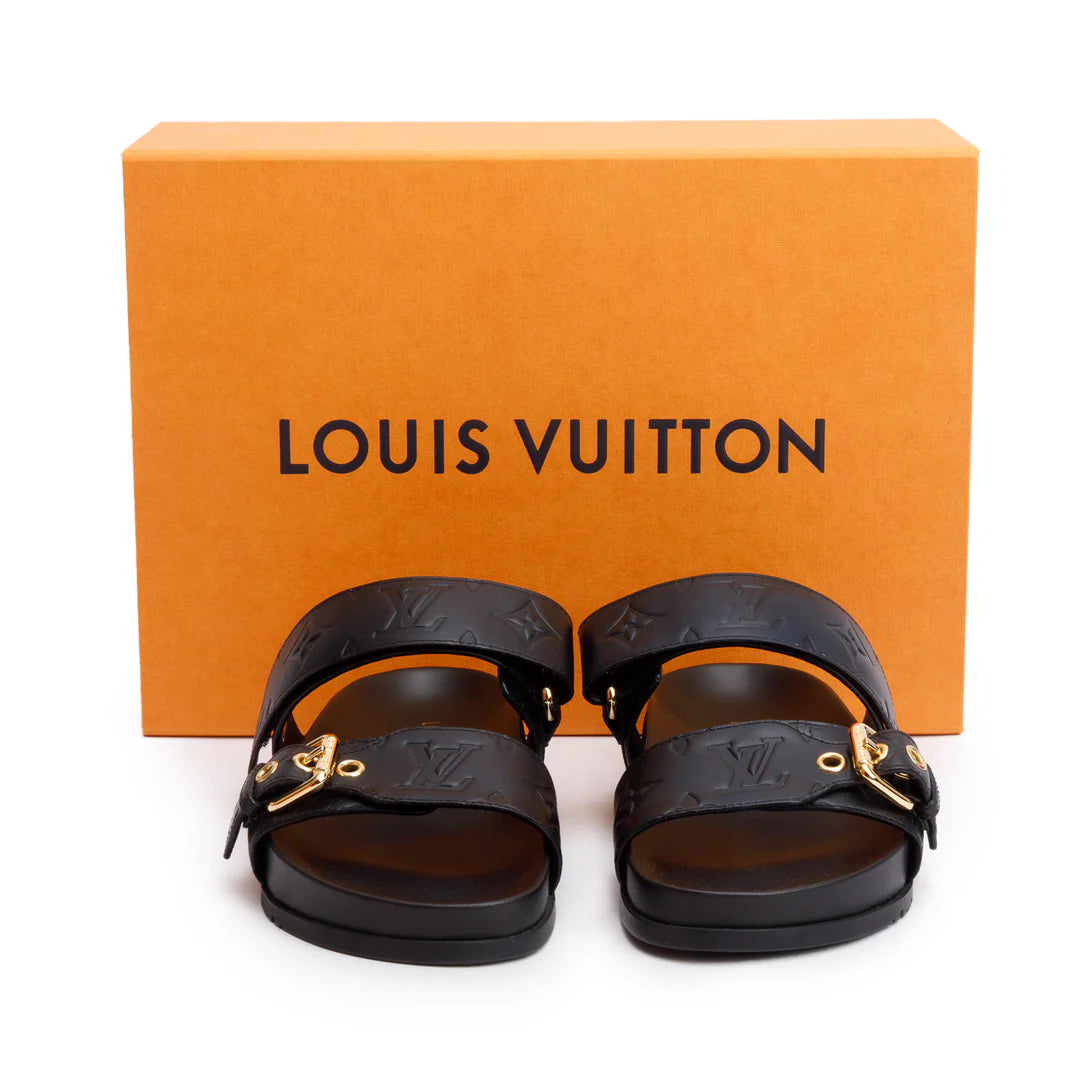 2023 Black Monogram Embossed Leather Bom Dia Comfort Mule, Size 36 w/ Box &amp; Receipt Coeur Cult Core