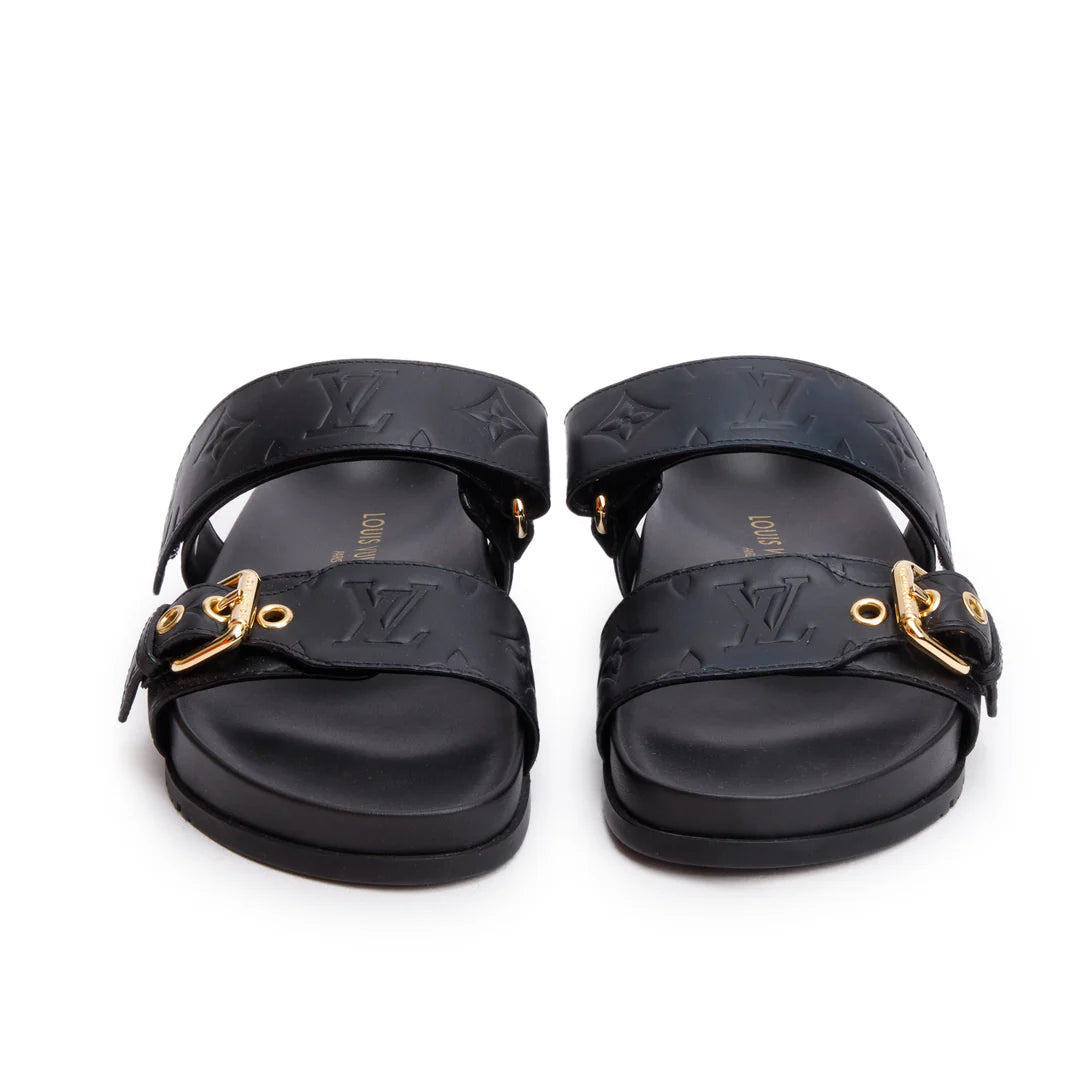 2023 Black Monogram Embossed Leather Bom Dia Comfort Mule, Size 36 w/ Box &amp; Receipt Coeur Cult Core