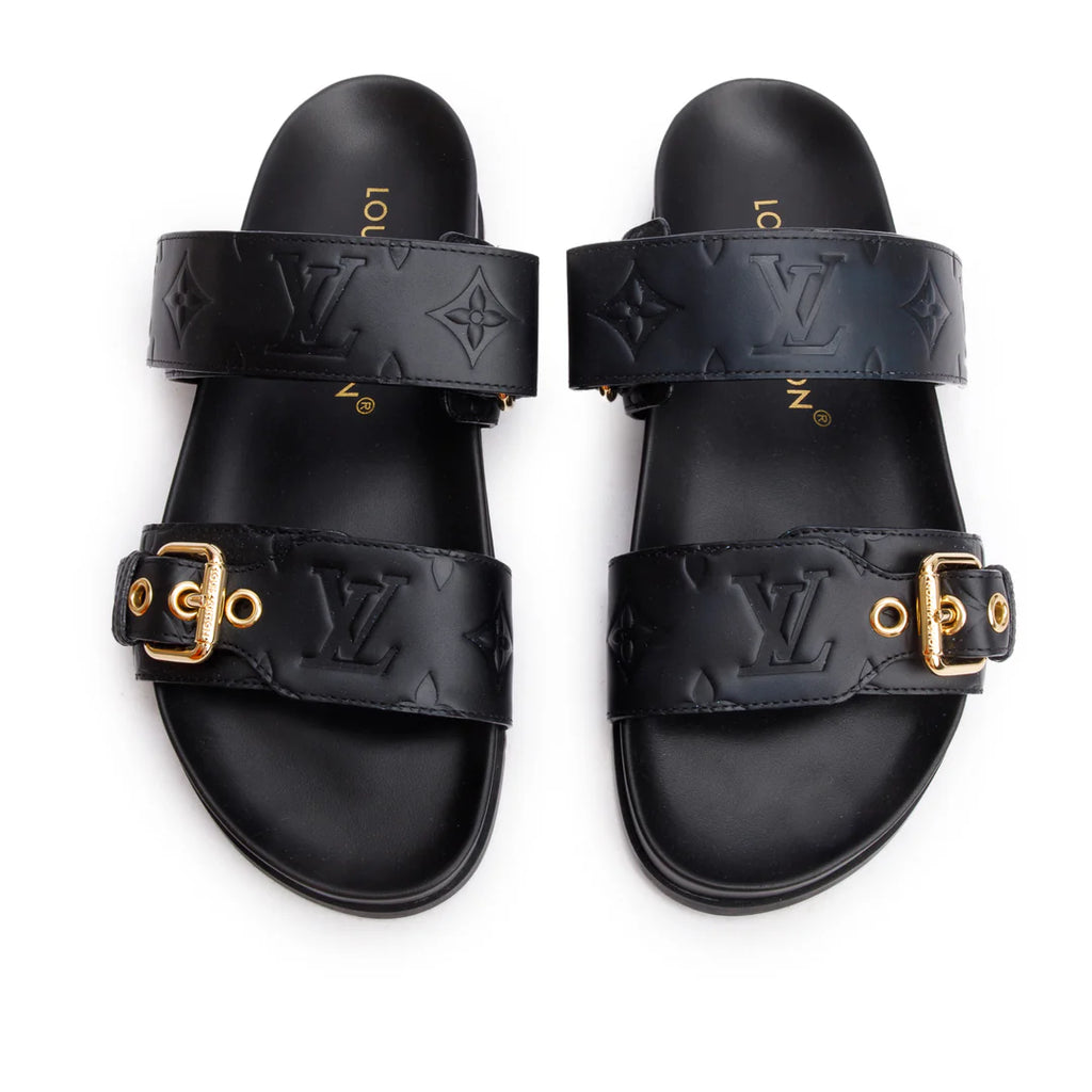 2023 Black Monogram Embossed Leather Bom Dia Comfort Mule, Size 36 w/ Box &amp; Receipt Coeur Cult Core
