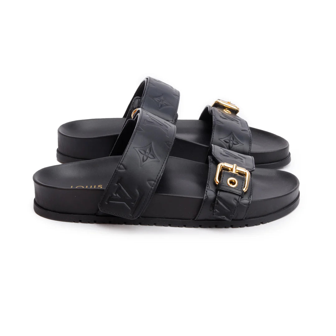 2023 Black Monogram Embossed Leather Bom Dia Comfort Mule, Size 36 w/ Box &amp; Receipt Coeur Cult Core