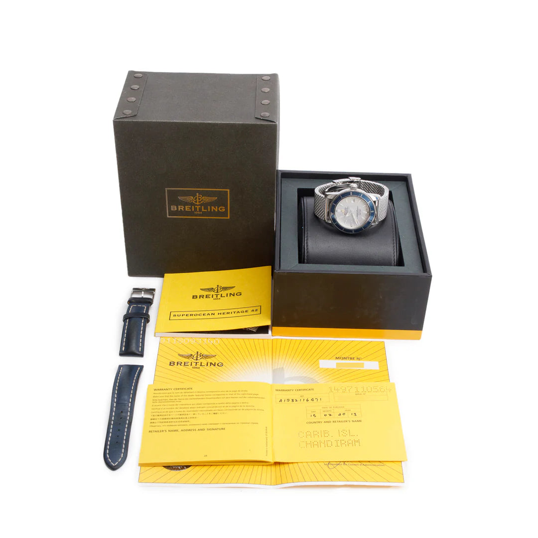 Stainless Steel Superocean Heritage 42 MM Automatic Watch Blue Bezel Silver Dial A17321 w/ Box, Papers &amp; Extra Strap