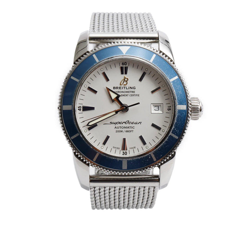Stainless Steel Superocean Heritage 42 MM Automatic Watch Blue Bezel Silver Dial A17321 w/ Box, Papers &amp; Extra Strap