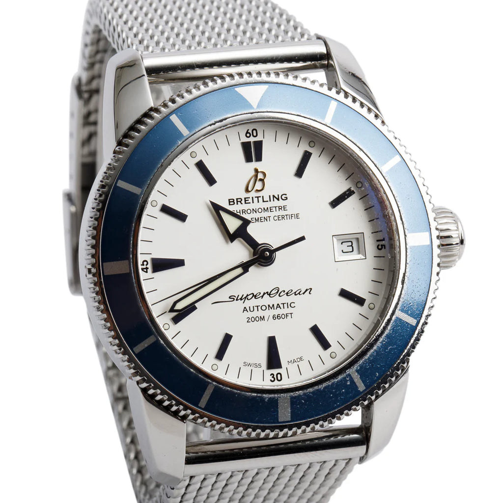 Stainless Steel Superocean Heritage 42 MM Automatic Watch Blue Bezel Silver Dial A17321 w/ Box, Papers &amp; Extra Strap