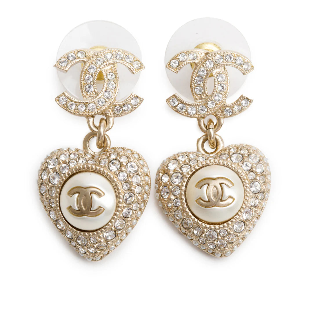 2023 Gold-Plated Faux Pearl &amp; Strass CC Heart Drop Earrings Coeur Cult Core