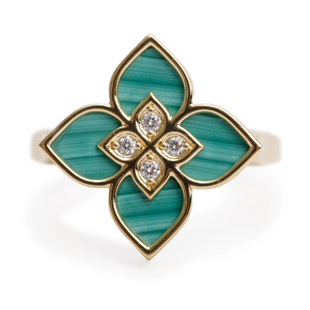 18k Yellow Gold Malachite &amp; Diamond Venetian Princess Ring, Size 8 Coeur Cult Core