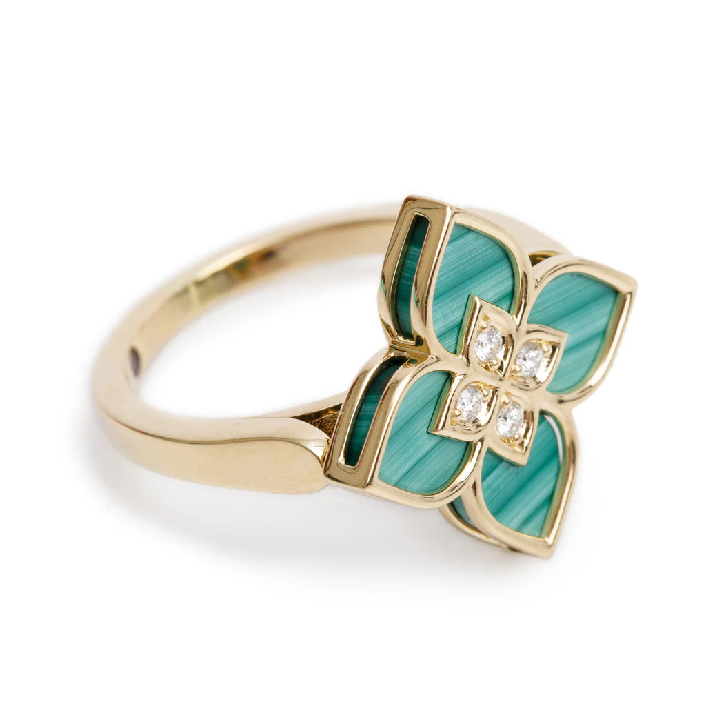 18k Yellow Gold Malachite &amp; Diamond Venetian Princess Ring, Size 8 Coeur Cult Core