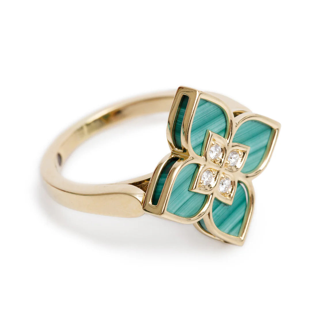18k Yellow Gold Malachite &amp; Diamond Venetian Princess Ring, Size 8 Coeur Cult Core