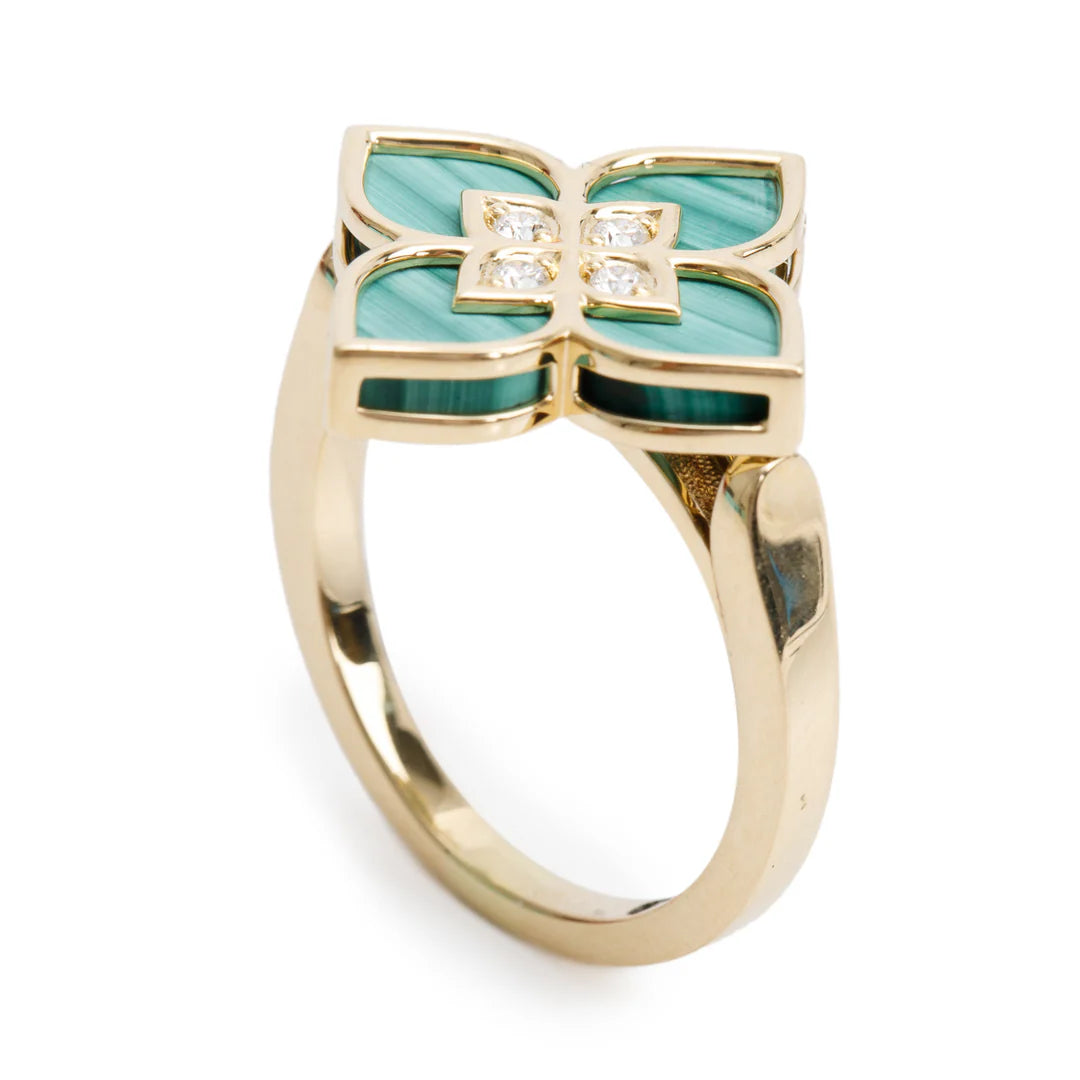 18k Yellow Gold Malachite &amp; Diamond Venetian Princess Ring, Size 8 Coeur Cult Core