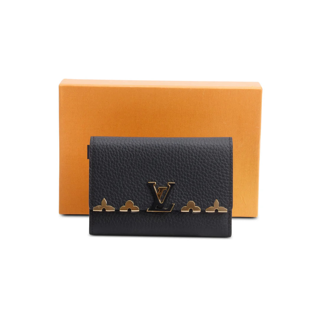 Black Taurillon Leather Capucines Compact Wallet w/ Box