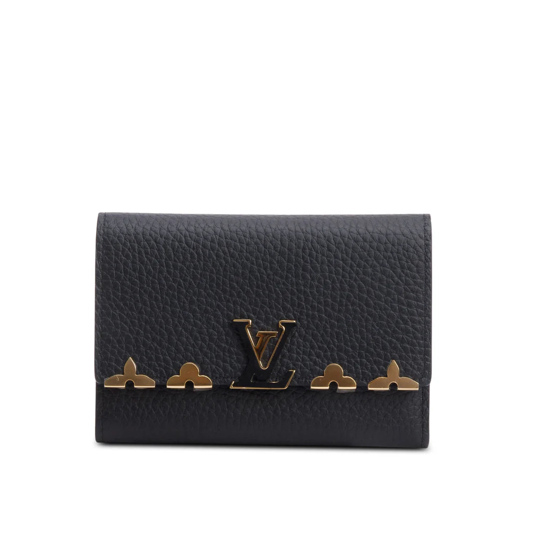 Black Taurillon Leather Capucines Compact Wallet w/ Box