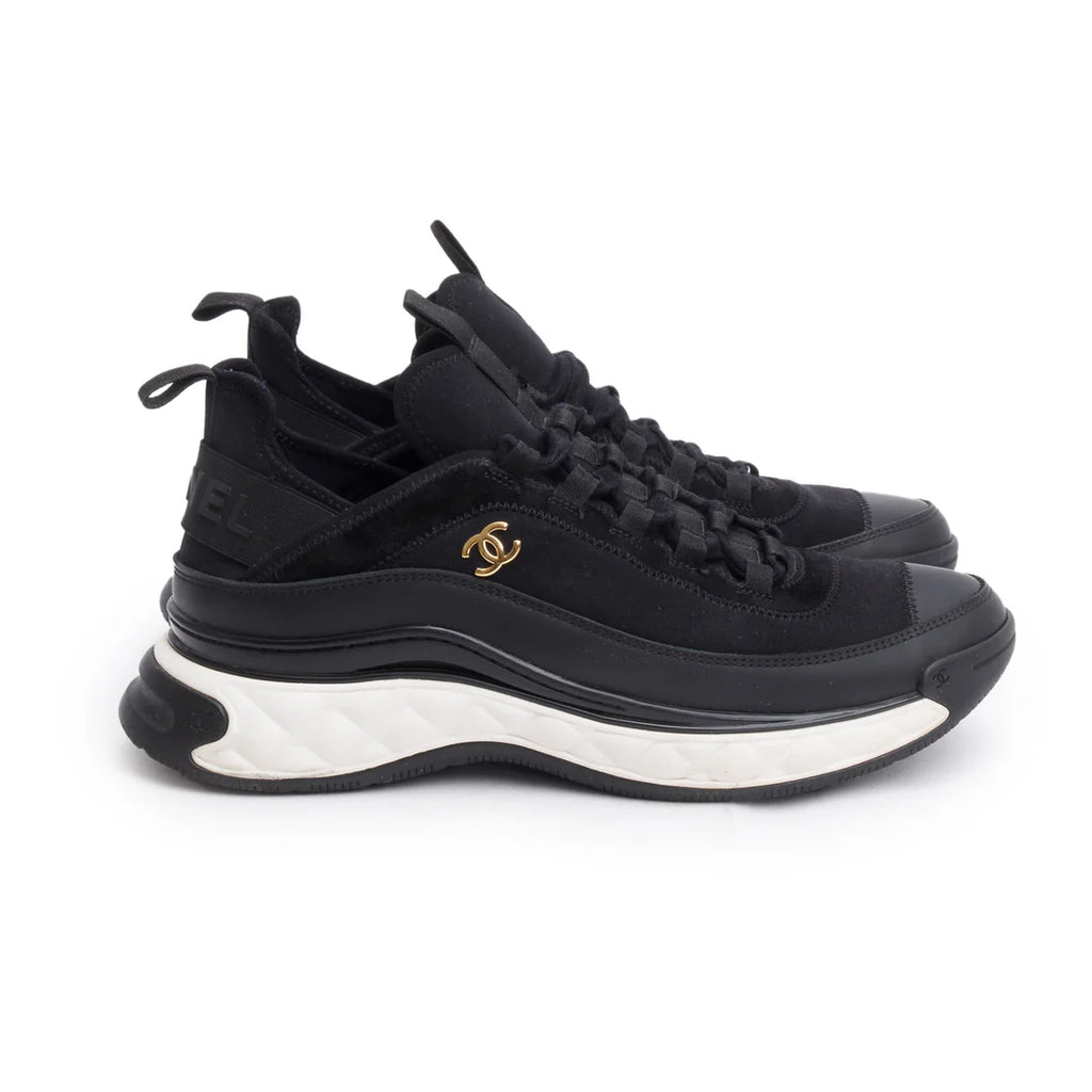 Black Canvas Calfskin Leather Trim CC Logo Sneakers, Men's Size 42