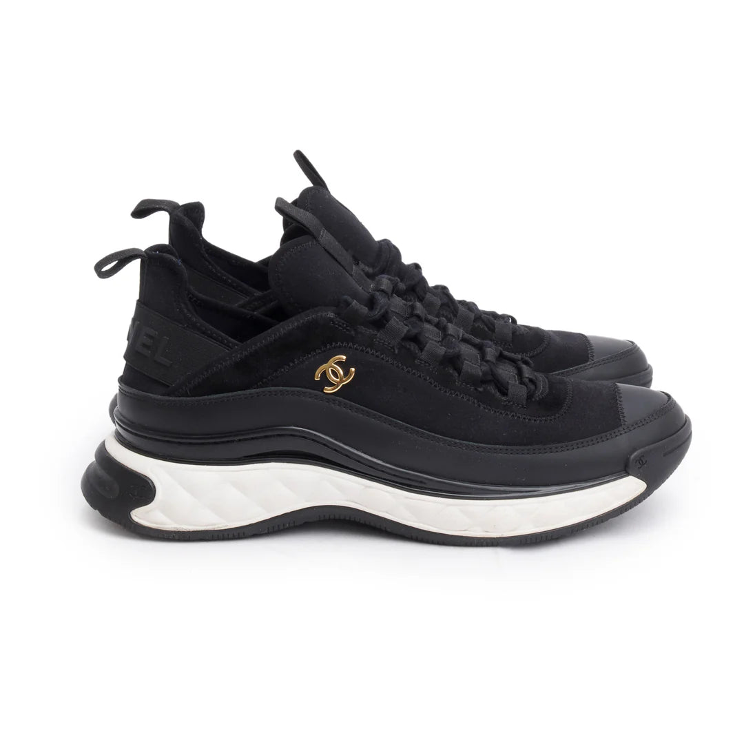 Black Canvas Calfskin Leather Trim CC Logo Sneakers, Men's Size 42