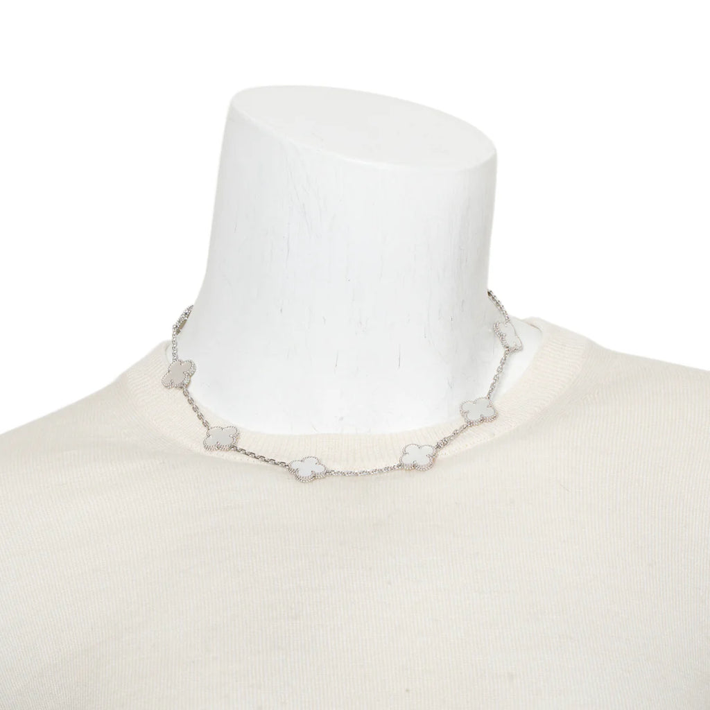 18k White Gold Vintage Alhambra 10 Motif Mother of Pearl Necklace Coeur Cult Core