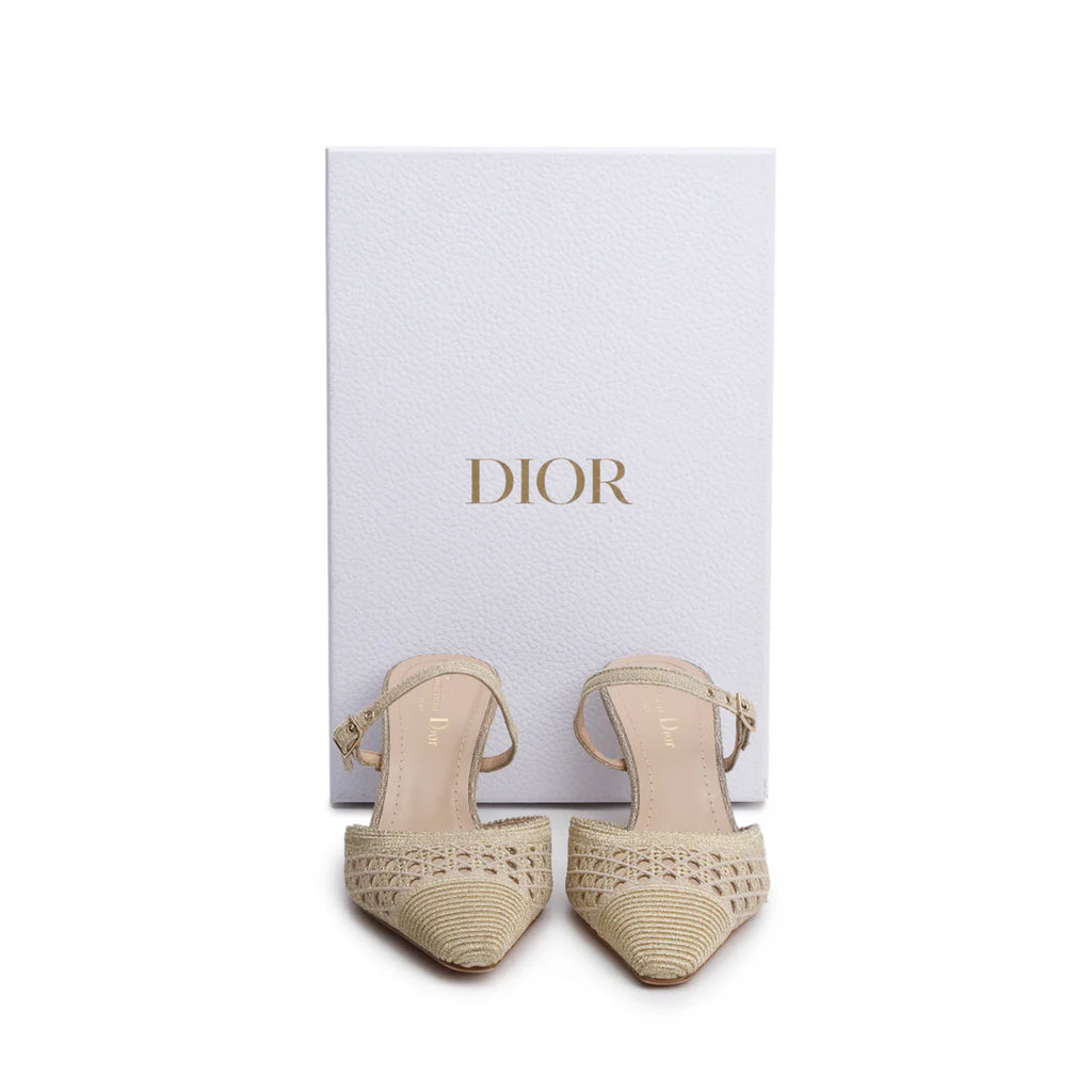Beige/Gold Cannage Fabric Capture Slingback Pumps, Size 37 w/ Box