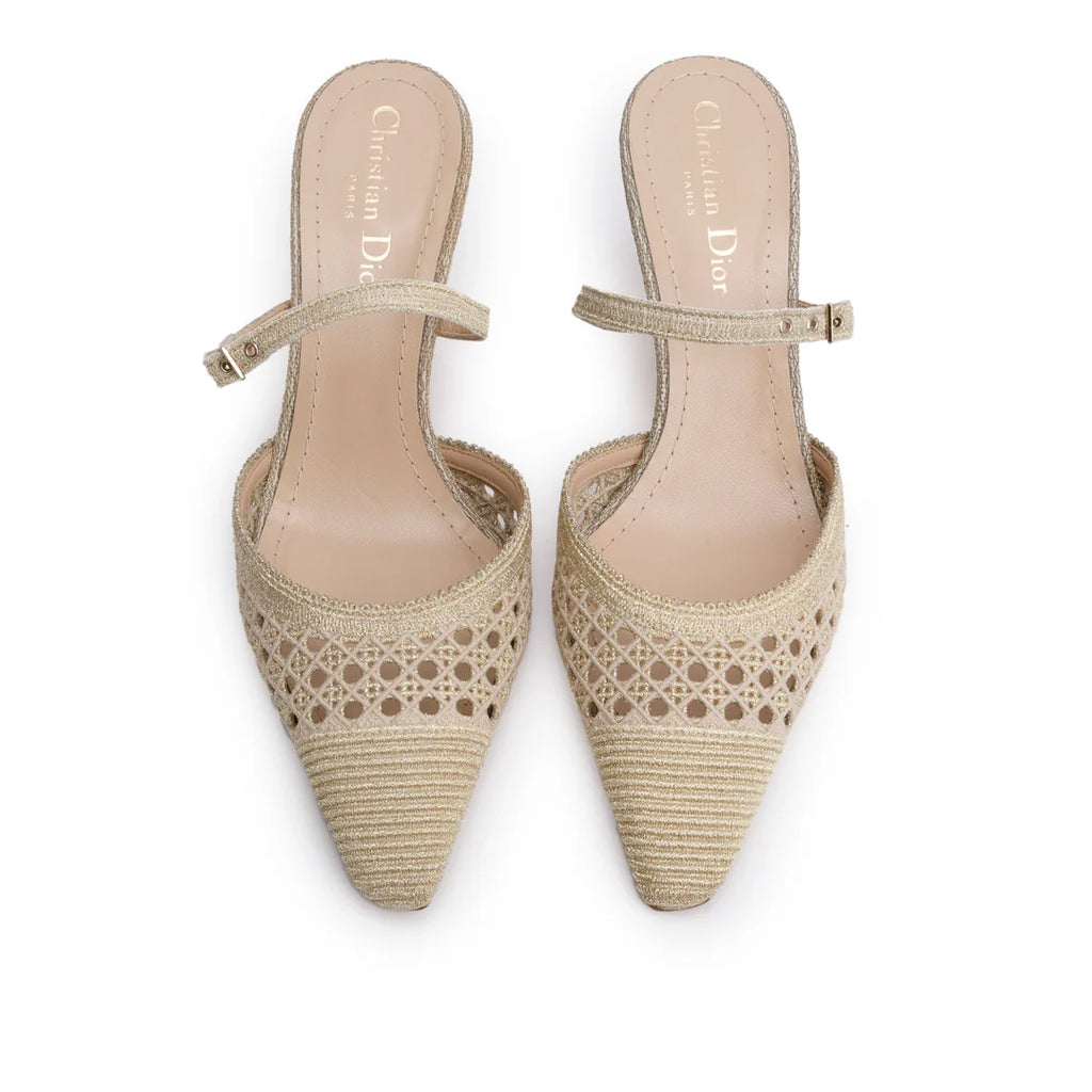 Beige/Gold Cannage Fabric Capture Slingback Pumps, Size 37 w/ Box