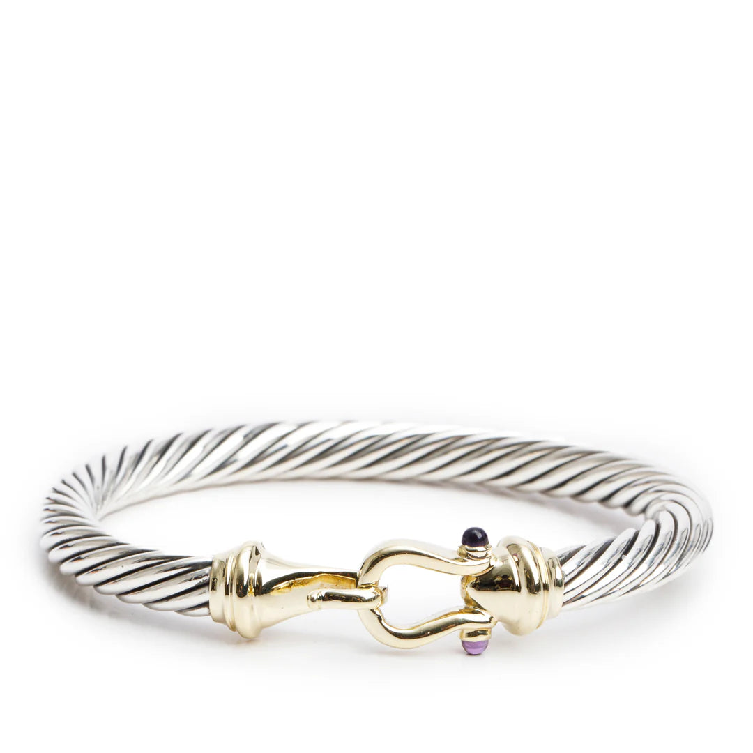 Sterling Silver &amp; 14k Yellow Gold Amethyst 7 MM Cable Buckle Bracelet Coeur Cult Core