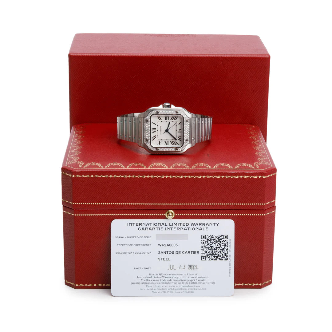 2023 Stainless Steel Diamond Bezel Santos de Automatic Watch, Medium Model 4075 w/ Box, Papers &amp; Extra Leather Strap